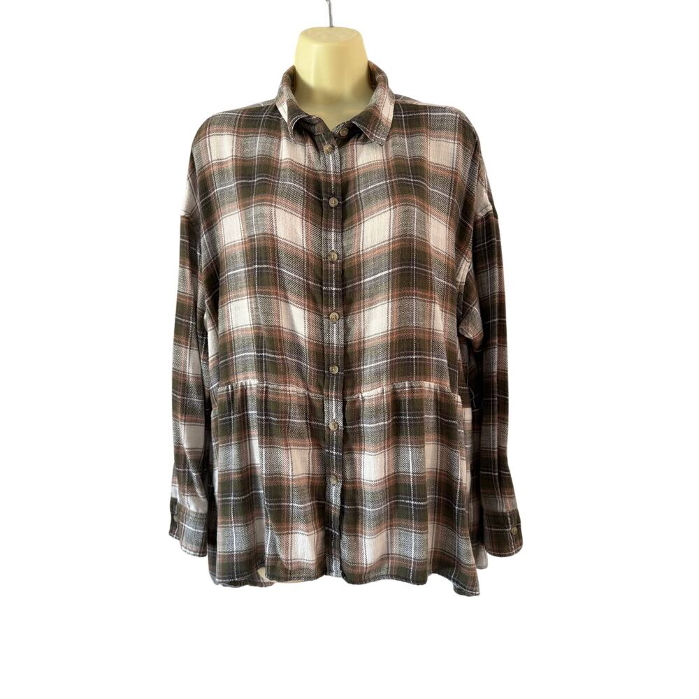 American Eagle Brown Plaid Flannel Tunic Blouse Women’s Size Small